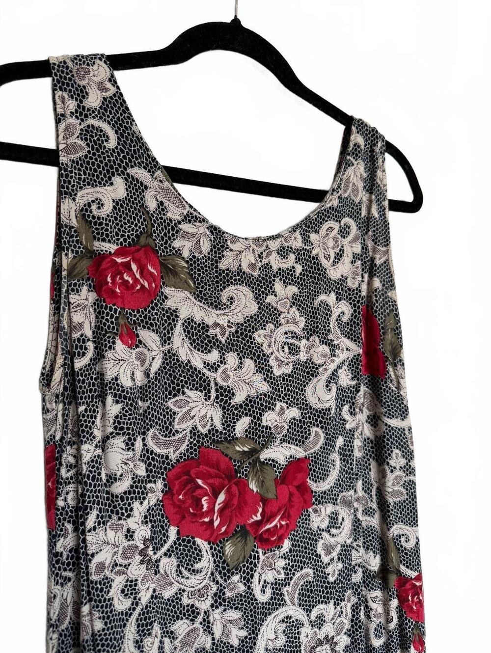 90s Vintage Black Maxi Dress with Red Floral Print